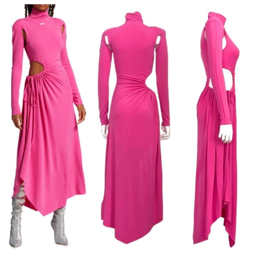 Off-White Vi-crepe See Thru Midi Dress in Fuchia - Picture 5 of 17